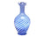 The glass vase has a bulbous bottom tapering to a thin neck  with a frilled opening. The stripes swirling around the vase are alternating dark blue and white.