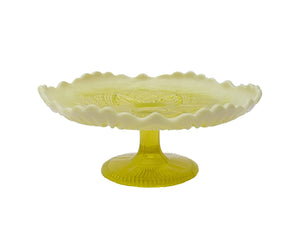 Uranium Glass Pedestal Plate, Davidson Primrose Pearline Glass, "Lords and Ladies"