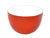 Bright red enamel mixing bowl with a white interior.  There is a black rim around the top edge, the rim has tiny chips in several places.
