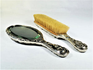 Silver Plate Brush and Mirror, Vintage Dressing Table Set, Ornate Vanity Set