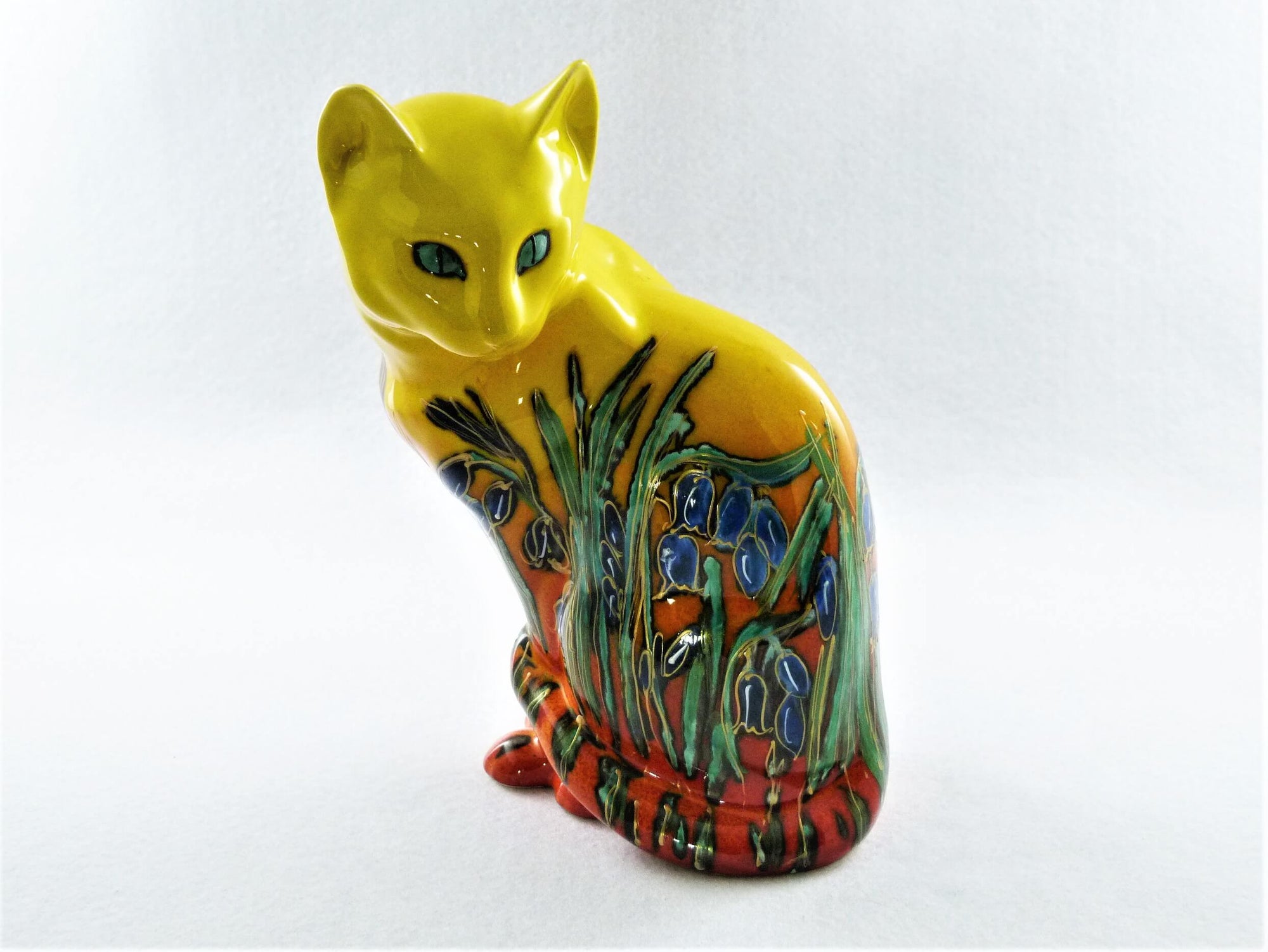 Anita Harris Sitting Cat, Hand Painted Art Pottery, Bluebell Design