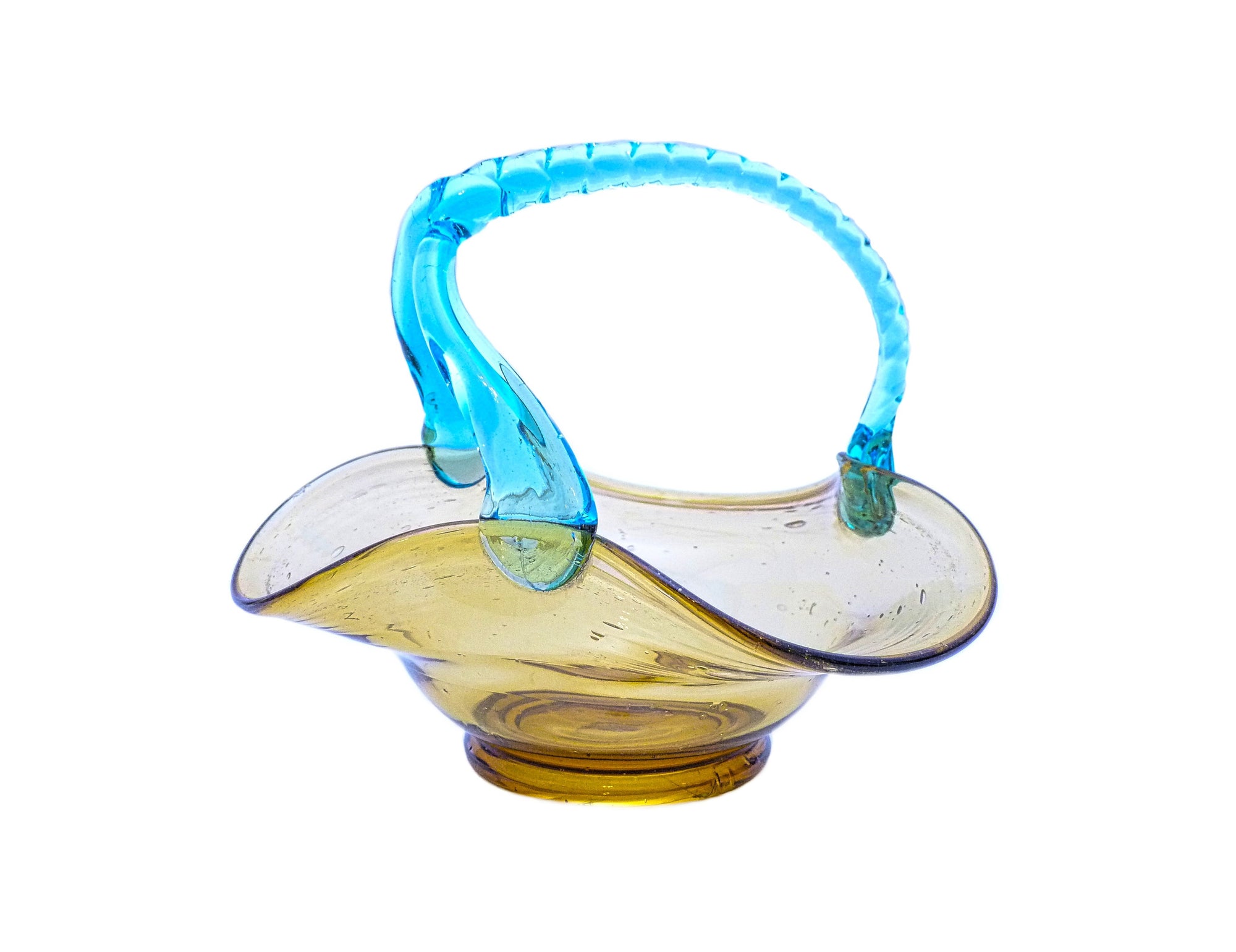 Victorian Era Amber Glass Basket with Teal Glass Handle, Delicate and Beautiful