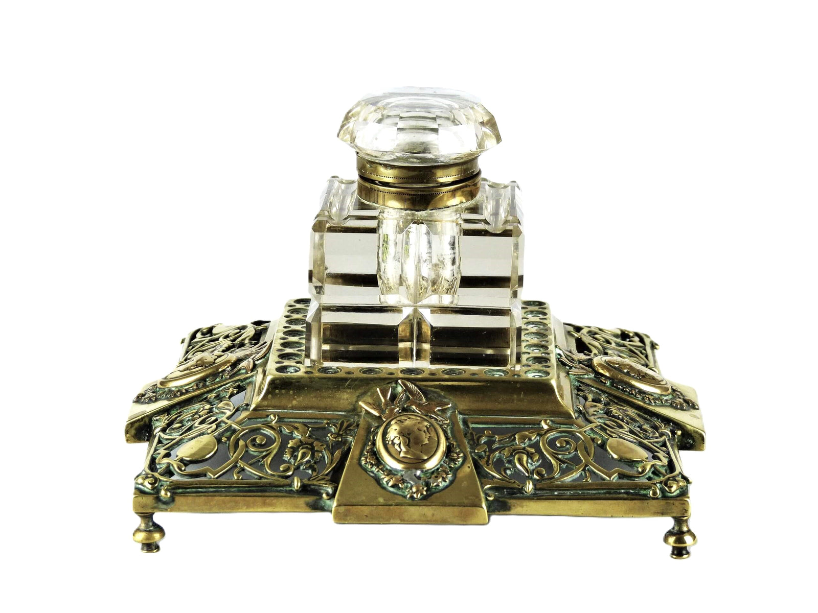 Vintage Brass Inkwell, Vintage Desk Set, Heavy Glass Ink Bottle, Office Accessory