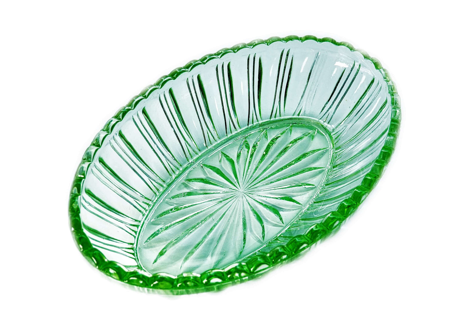Green Glass Oval Bowl, Crown Crystal Serving Dish, Australian Pressed Glass