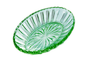 Green Glass Oval Bowl, Crown Crystal Serving Dish, Australian Pressed Glass