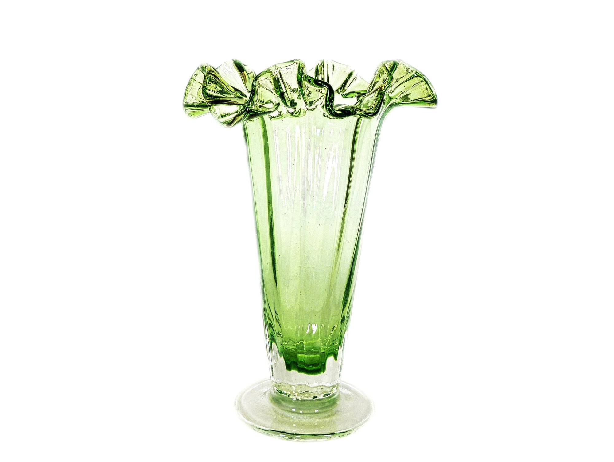 Green Glass Ruffled Top Vase, Tall and Elegant, Super Flower Vase
