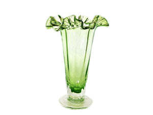 Green Glass Ruffled Top Vase, Tall and Elegant, Super Flower Vase