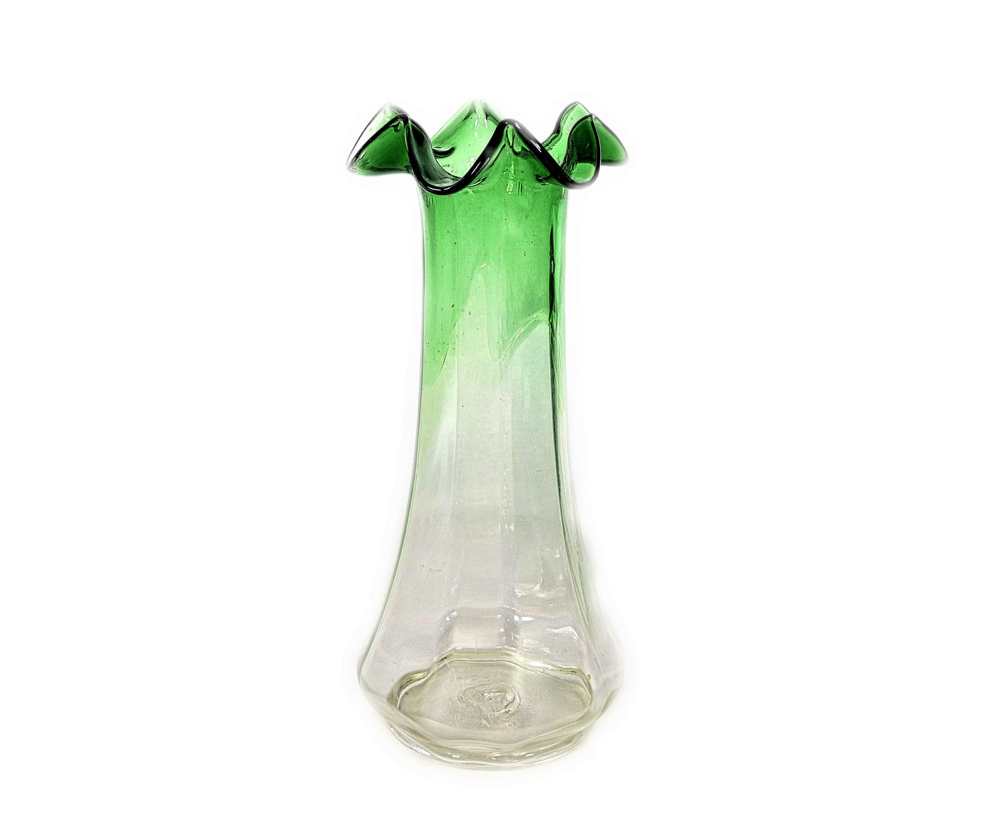 Vintage Green Glass Tulip Vase, Attractive Ruffled Top , Very Pretty