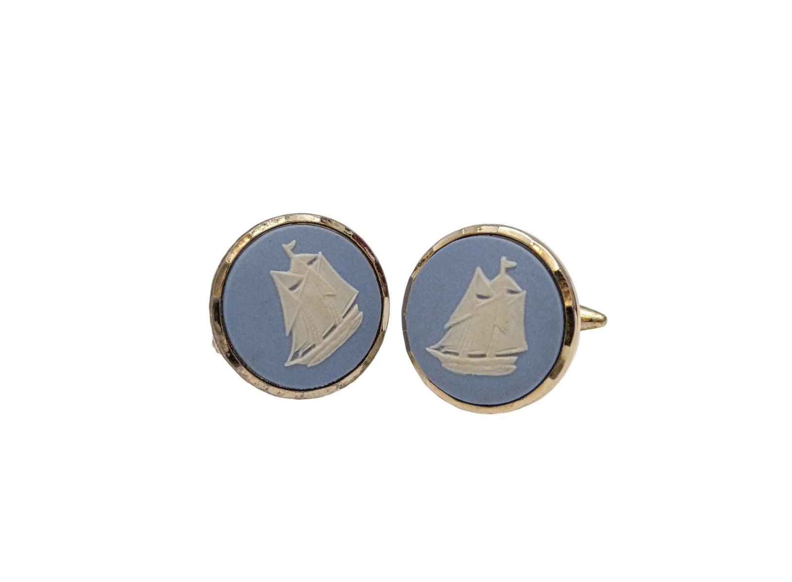 Blue Jasperware Cufflinks, Vintage Wedgwood, Golden Hind Cameo