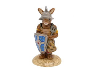 Bunnykins Gladiator is wearing a helmet and protective vest, he is holding a shield and fork.