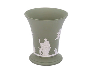 Jasperware small posy vase. Green with white neoclassical  scenes.