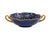 Shiny dark blue soup bowl decorated with white polka dots. The two handles and rim are gold.
