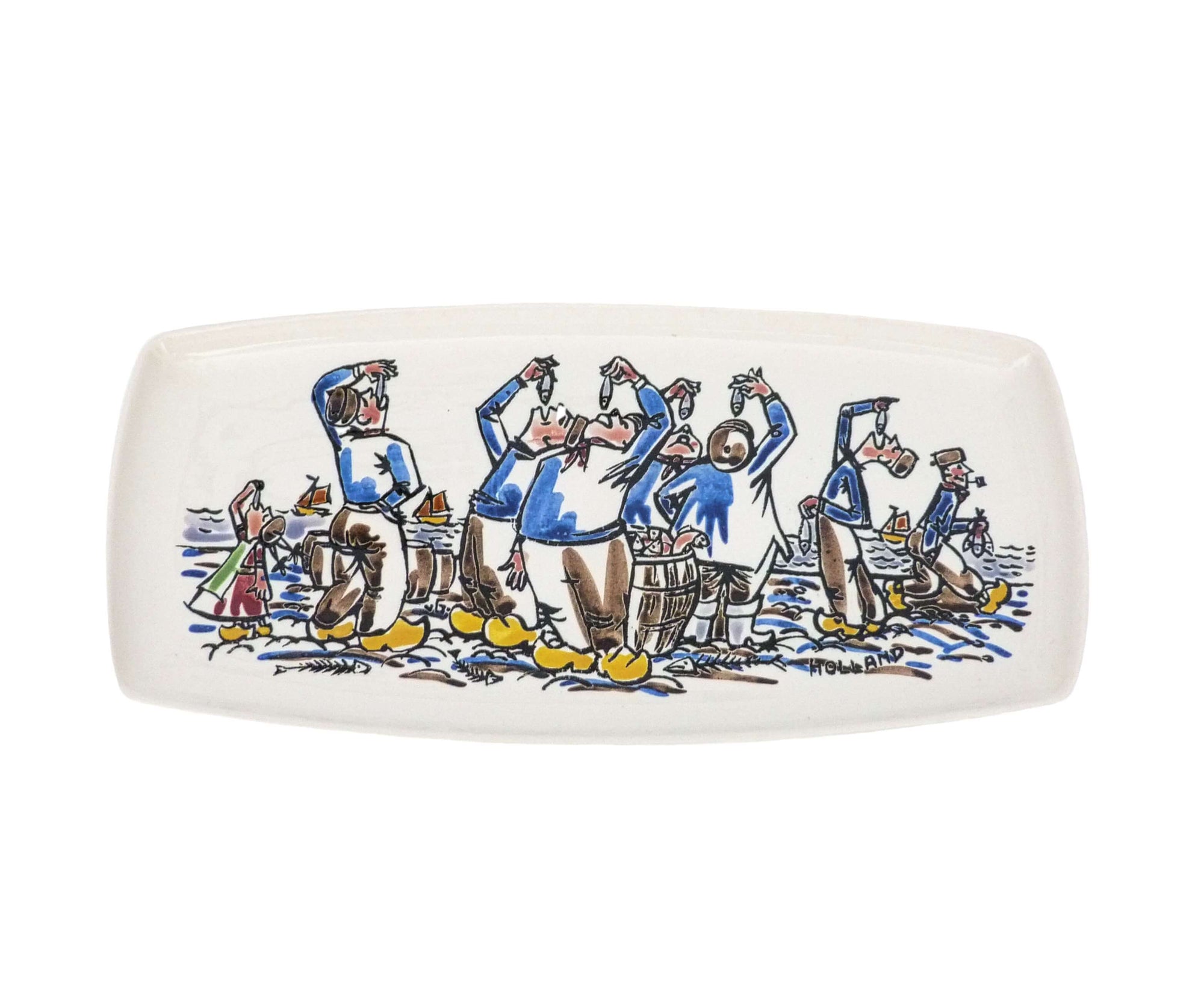 An oblong plate featuring Dutch people eating herrings the traditional way. Heads back, holding the herring above their mouth then nibbling.