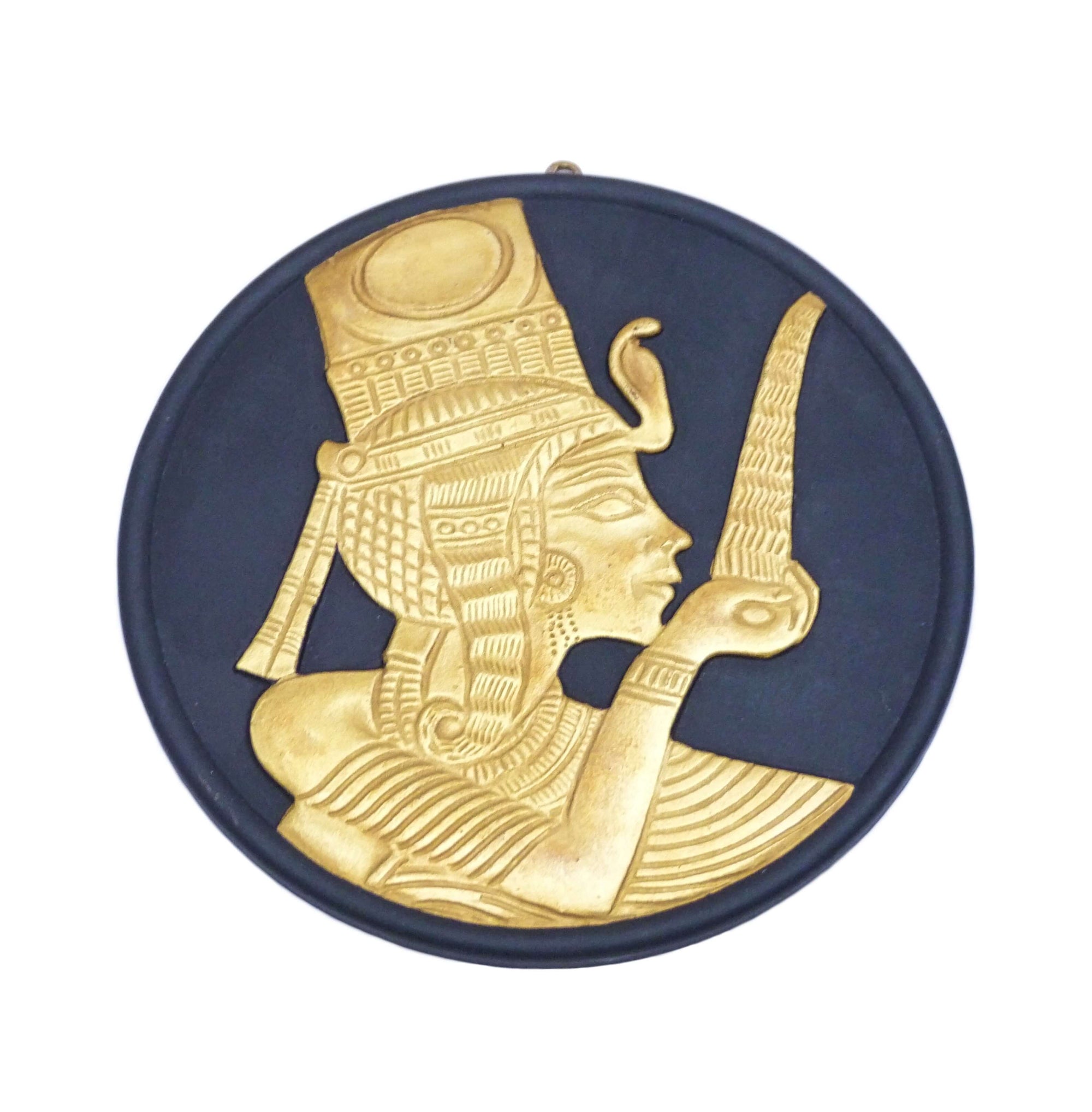 A round black pendant featuring a gold side head profile of Ankhesenamun an Egyptian Queen.