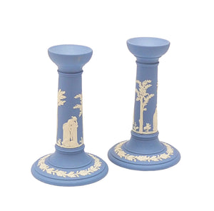 Wedgwood Blue Jasperware Candlesticks, Decorative Ornament, Table Centrepiece