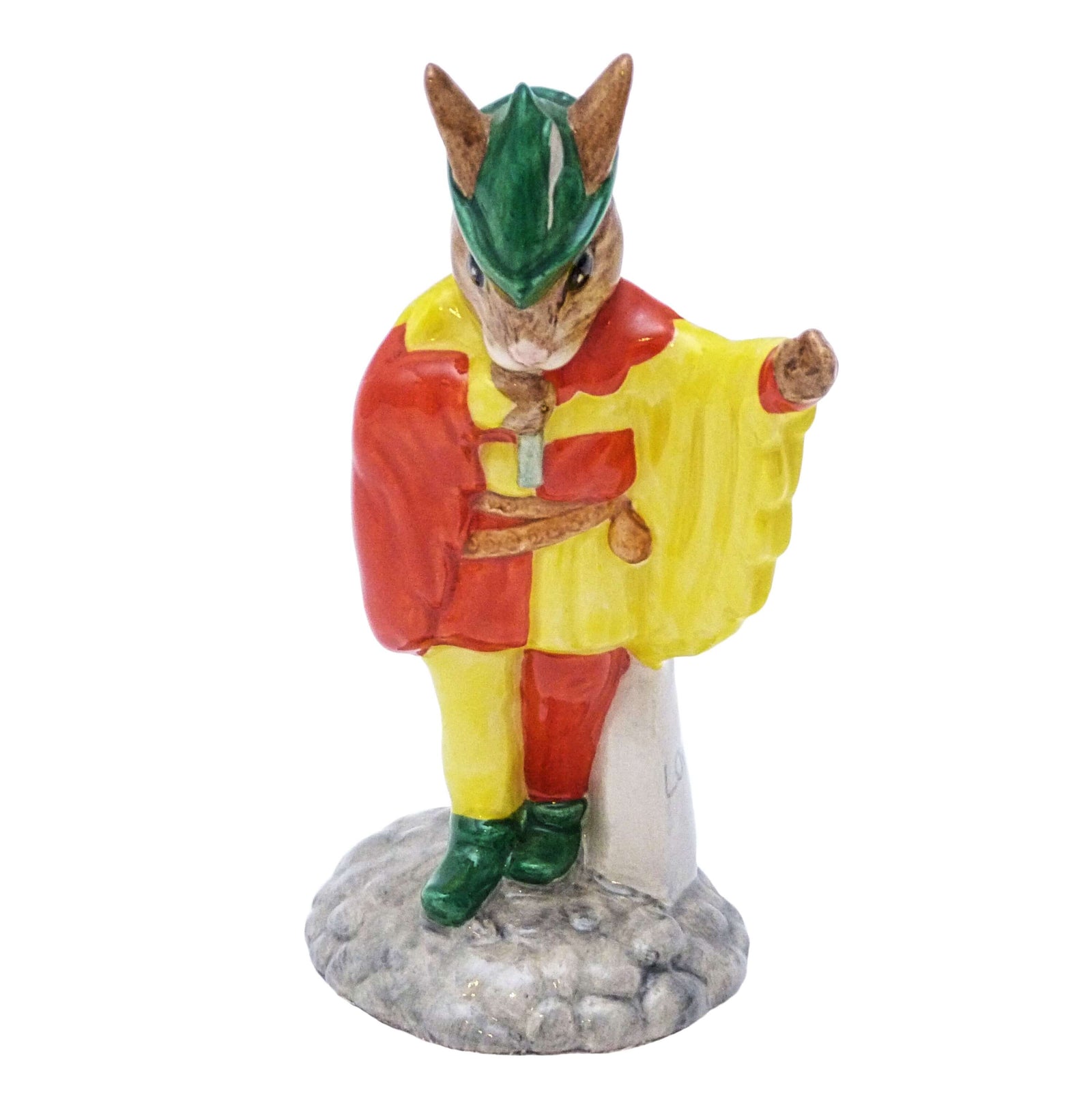 An old style minstrel in red and yellow performing outfit with green hat and shoes.