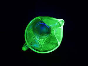 Etched Uranium Glass Jug, Vintage Pitcher, Glows Beautifully