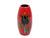 A shiny bright red vase with a hand painted black tulip outlined with gold, on the front and back of the vase.