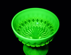 Uranium Glass Pedestal Bowl, Davidson Primrose Pearline Glass, "Prince William"