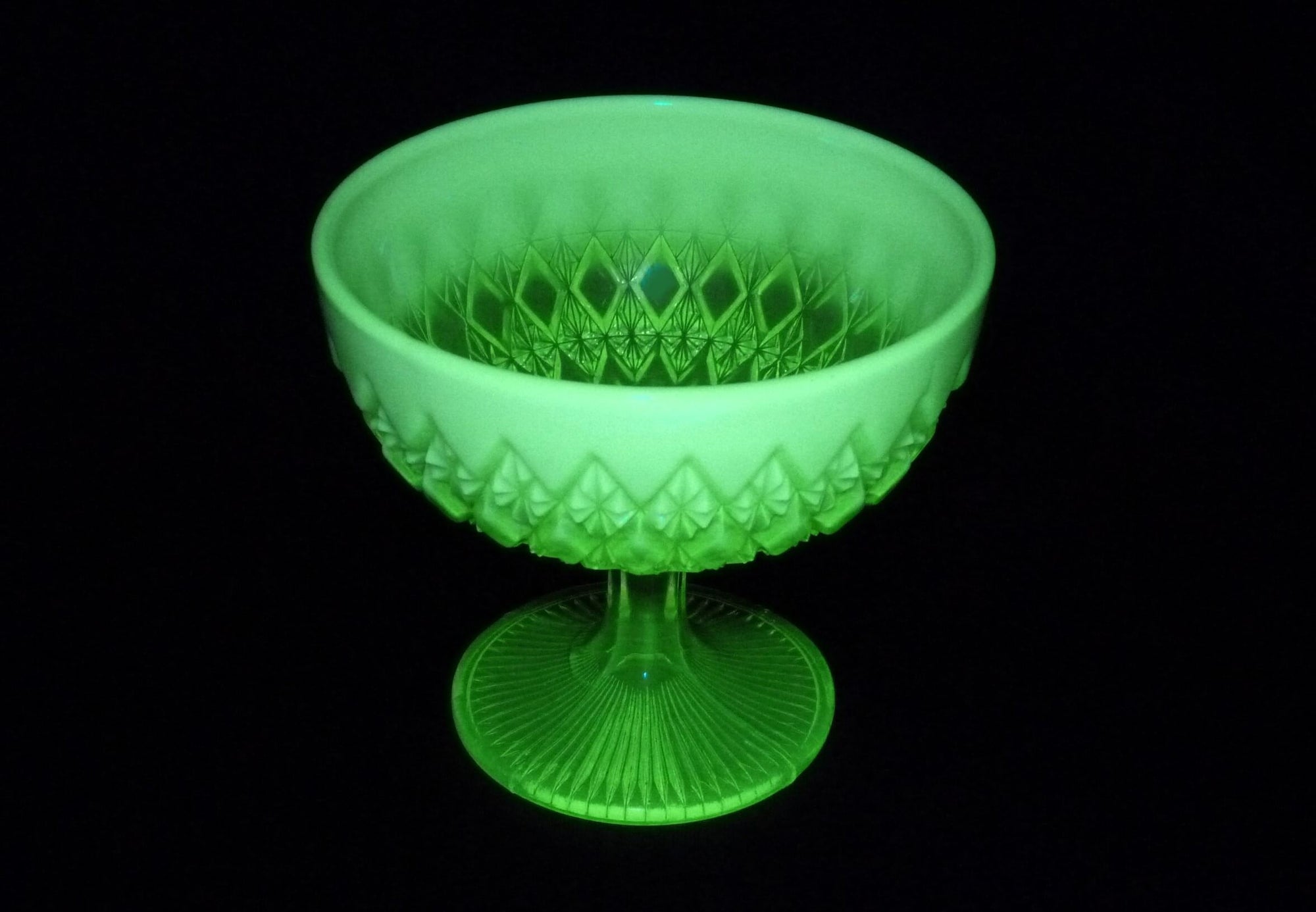 Uranium Glass Pedestal Bowl, Davidson Primrose Pearline Glass, "Prince William"
