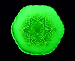 Uranium Glass Pedestal Plate, Davidson Primrose Pearline Glass, "Lords and Ladies"