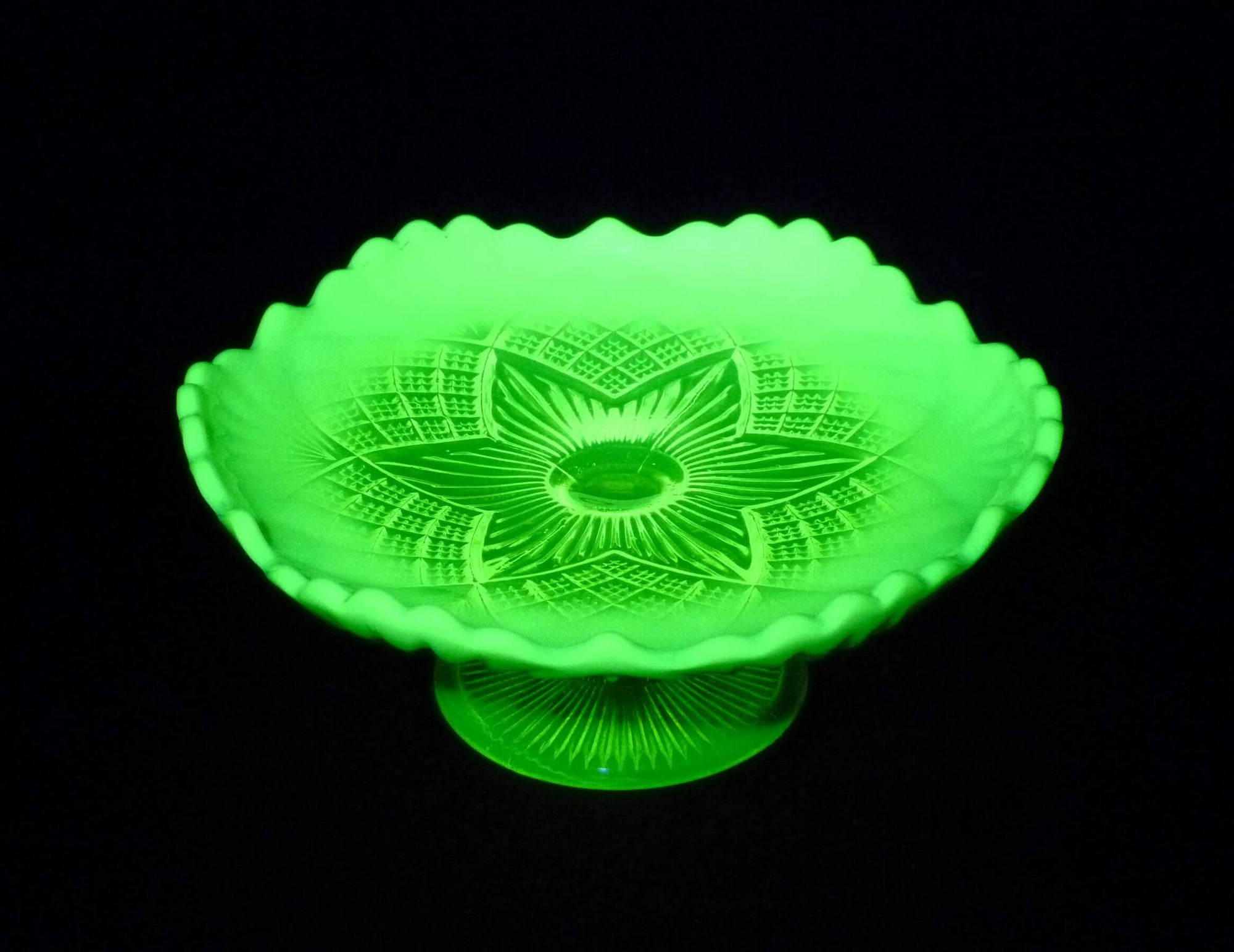 Uranium Glass Pedestal Plate, Davidson Primrose Pearline Glass, "Lords and Ladies"