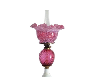 Cranberry Glass Lamp with Milk Glass Base, Vintage Table Lamp, 1930's