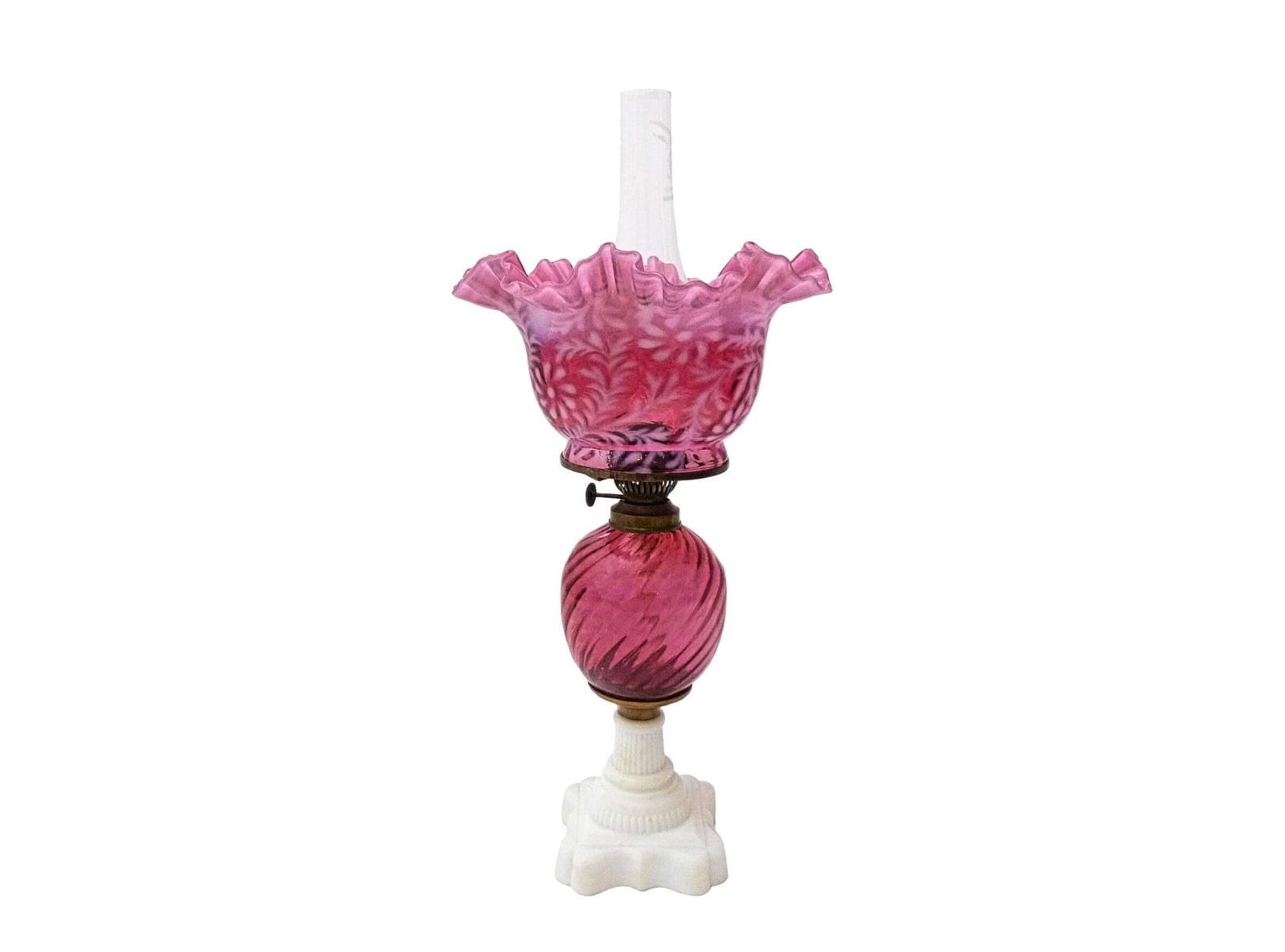 Cranberry Glass Lamp with Milk Glass Base, Vintage Table Lamp, 1930's