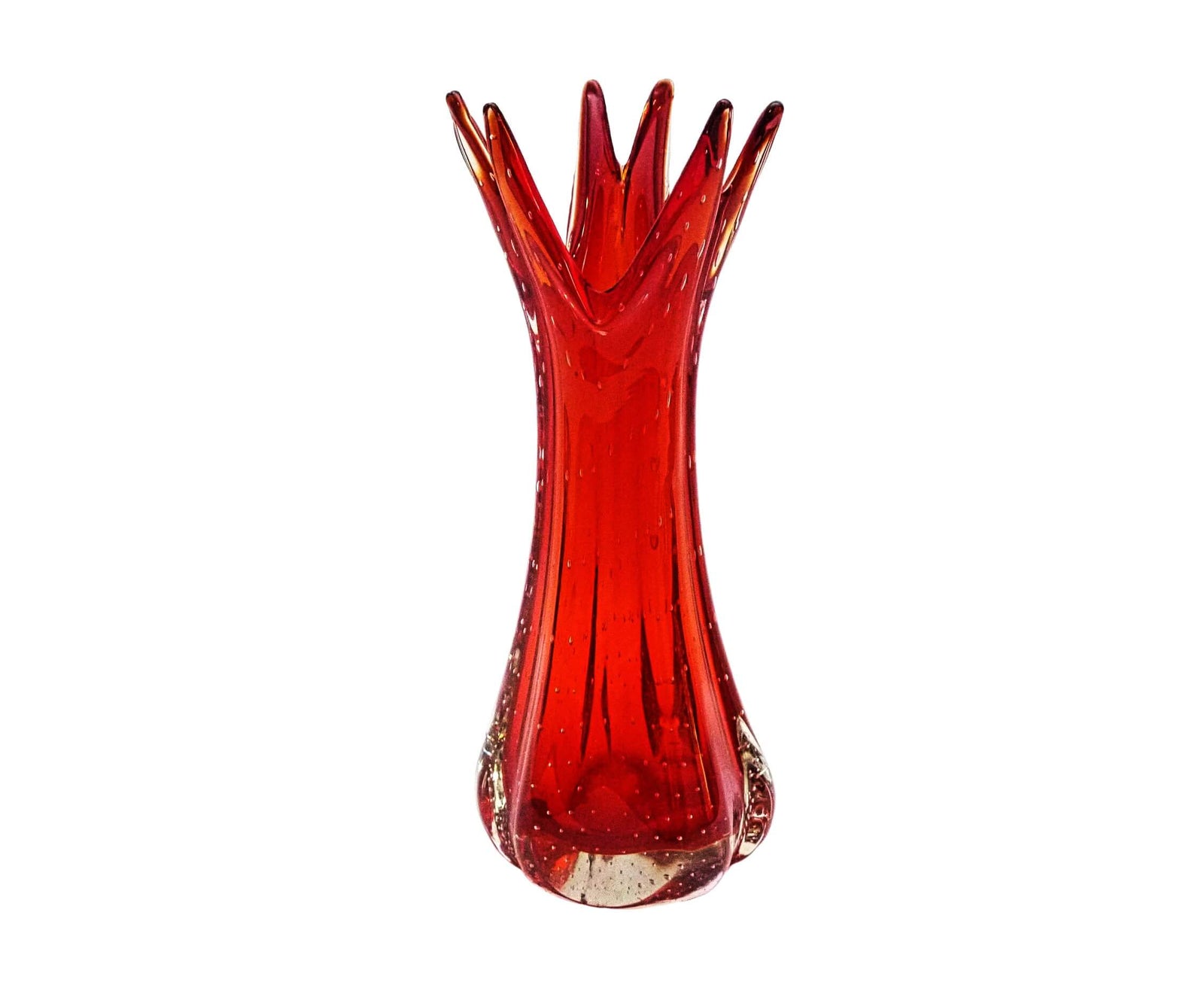 Murano Bullicante Glass Vase, Mid-Century, Superb Red Colour, 1970's