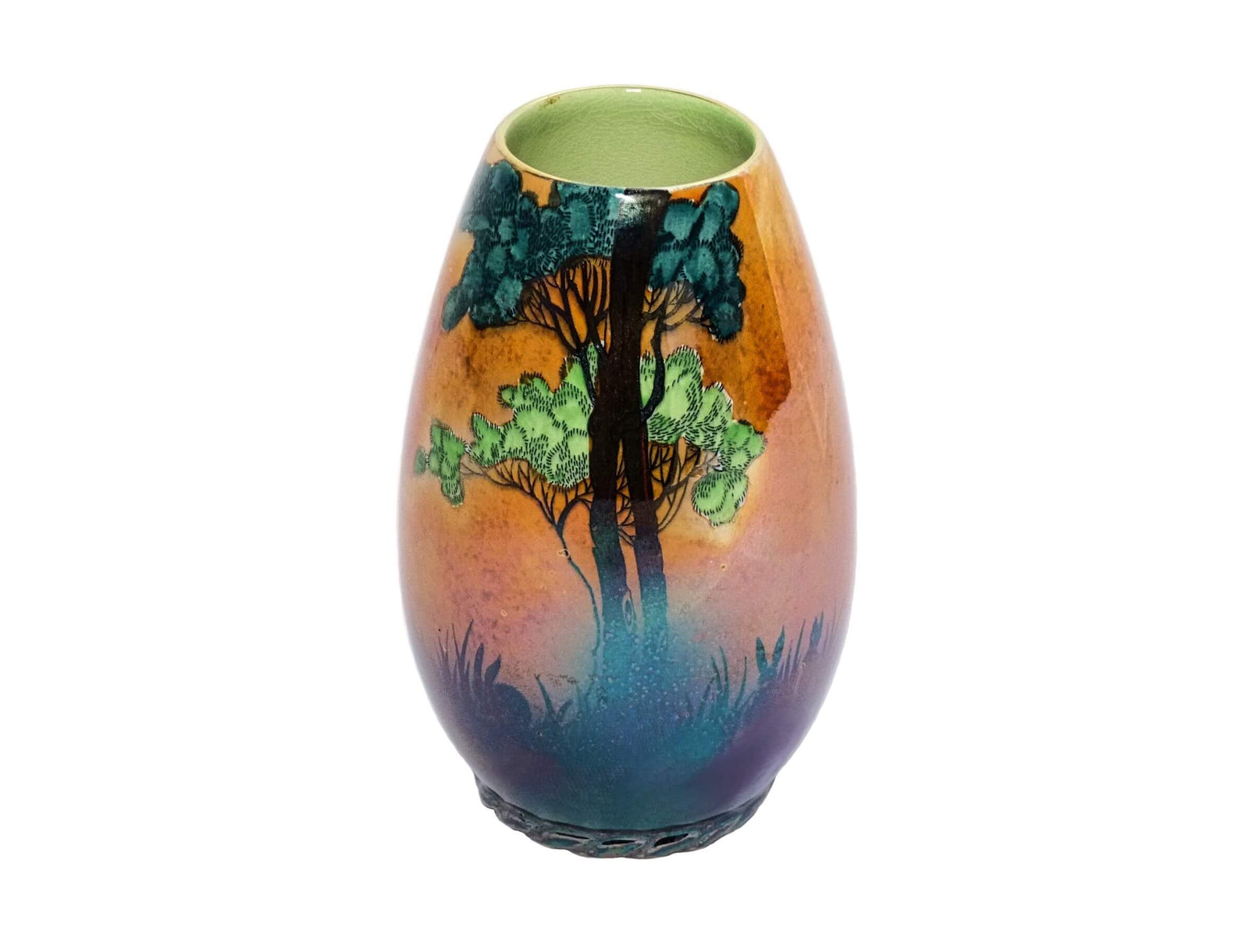 "Rabbits at Dusk" Carlton Ware Oval Vase, Orange Lustre, 1930's