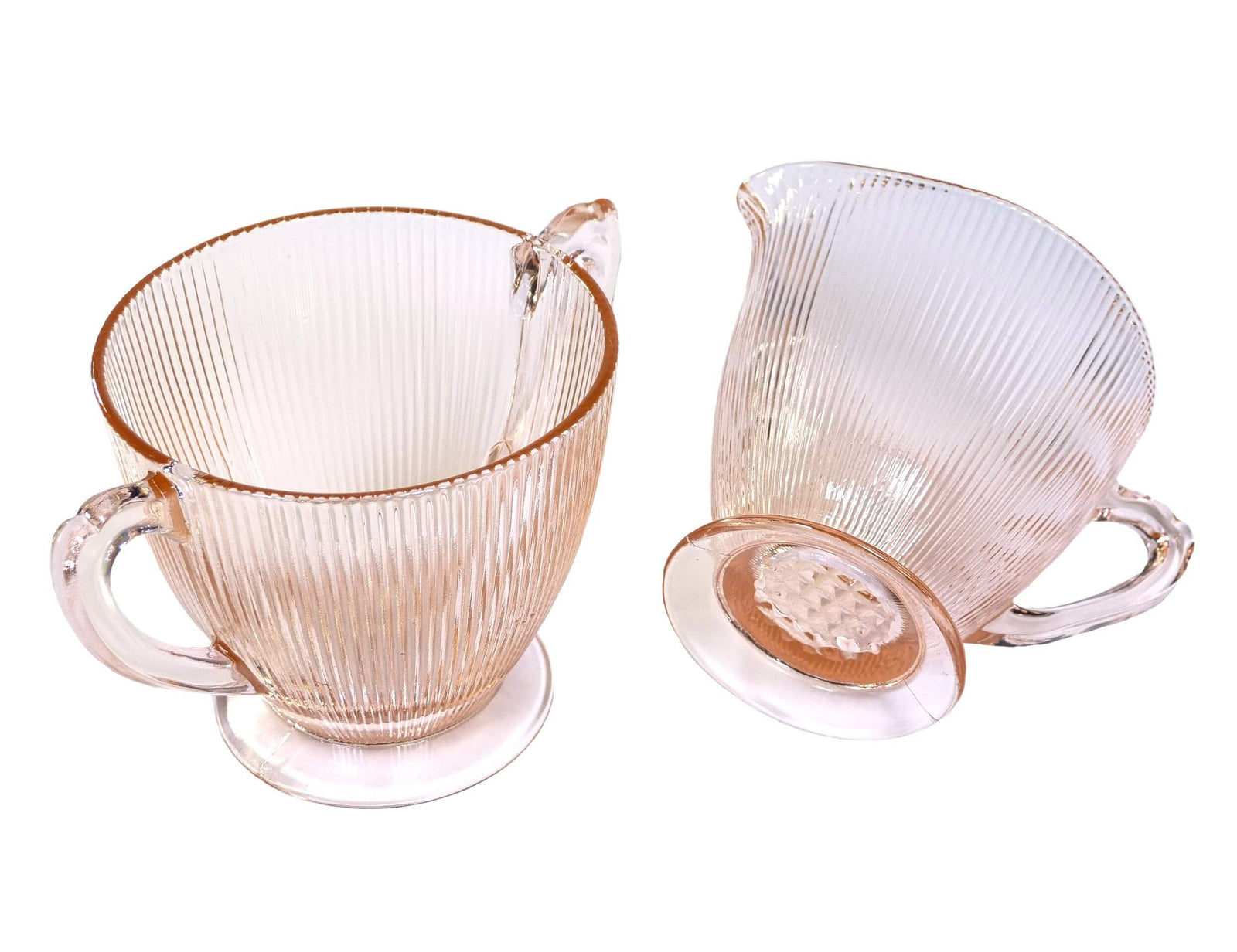 Pink Glass Creamer and Sugar, Homespun "Fine Rib" Design