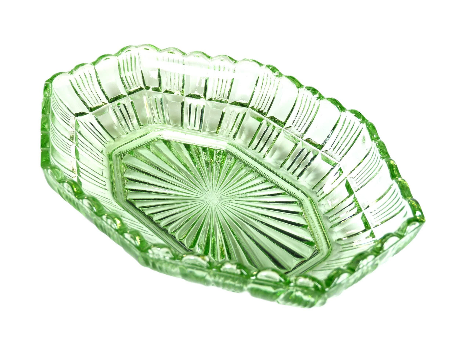 Green Glass Octagonal Bowl, Pressed Glass