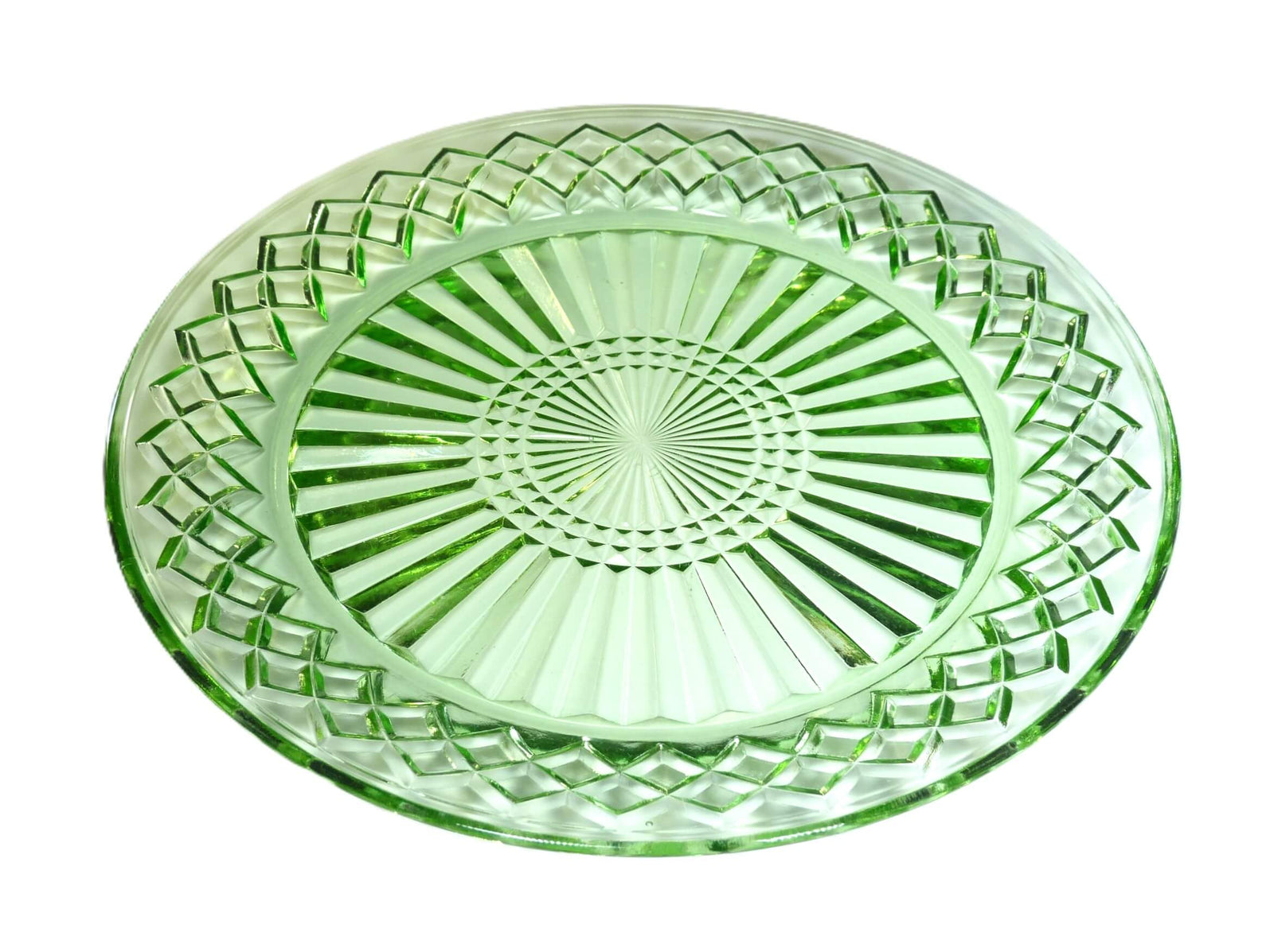 Green Glass Round Serving Plate, Diamond Pattern, 1930's