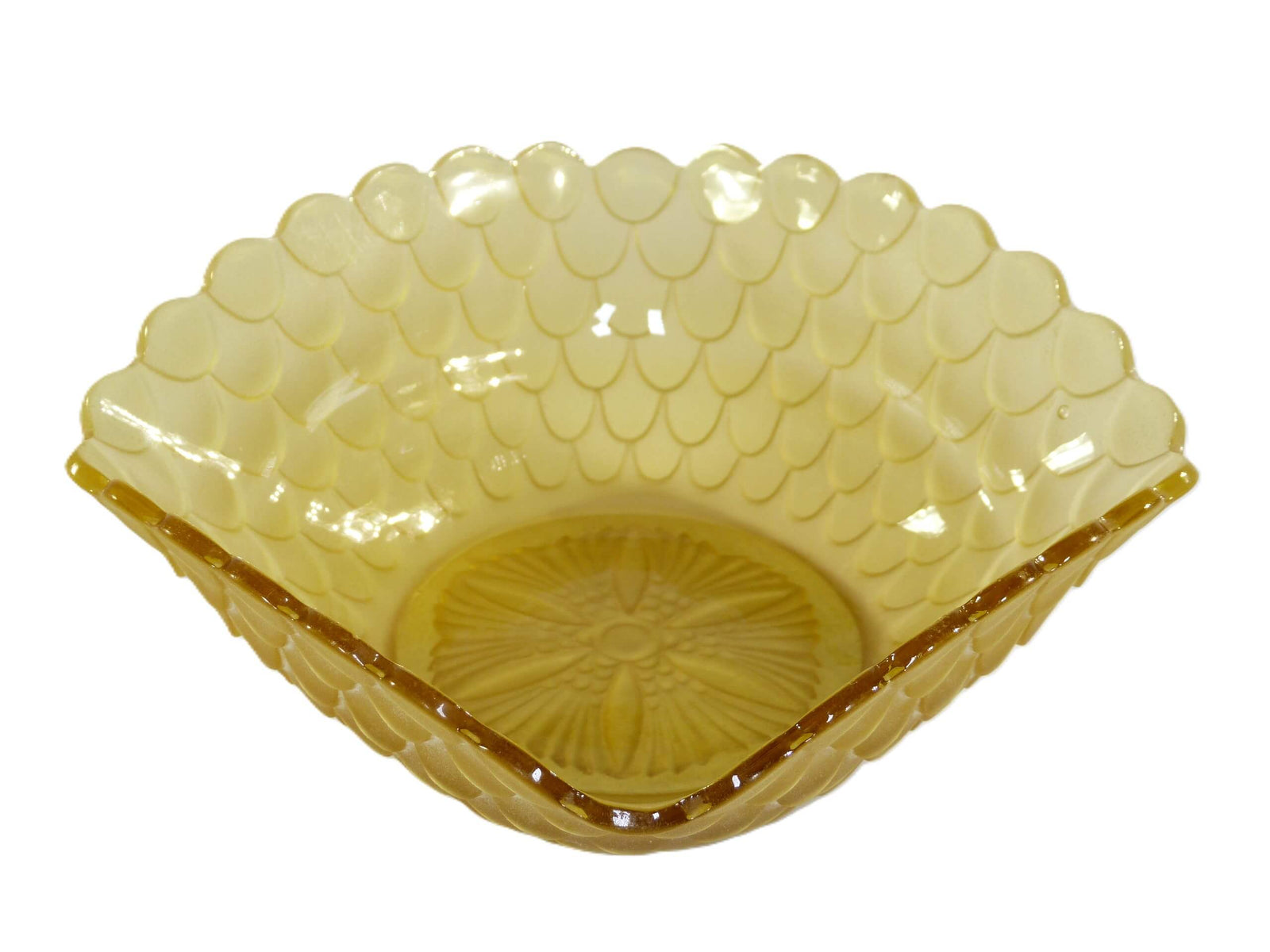 Amber "Fish Scale" Glass Bowl, Bagley Frosted Glass Art Deco Bowl