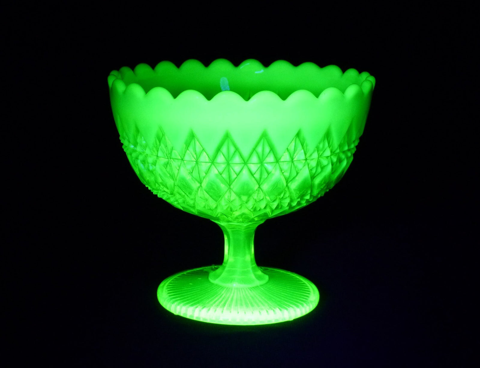 Uranium Glass Pedestal Bowl, Pearline Glass, "Prince William", Glows Superbly