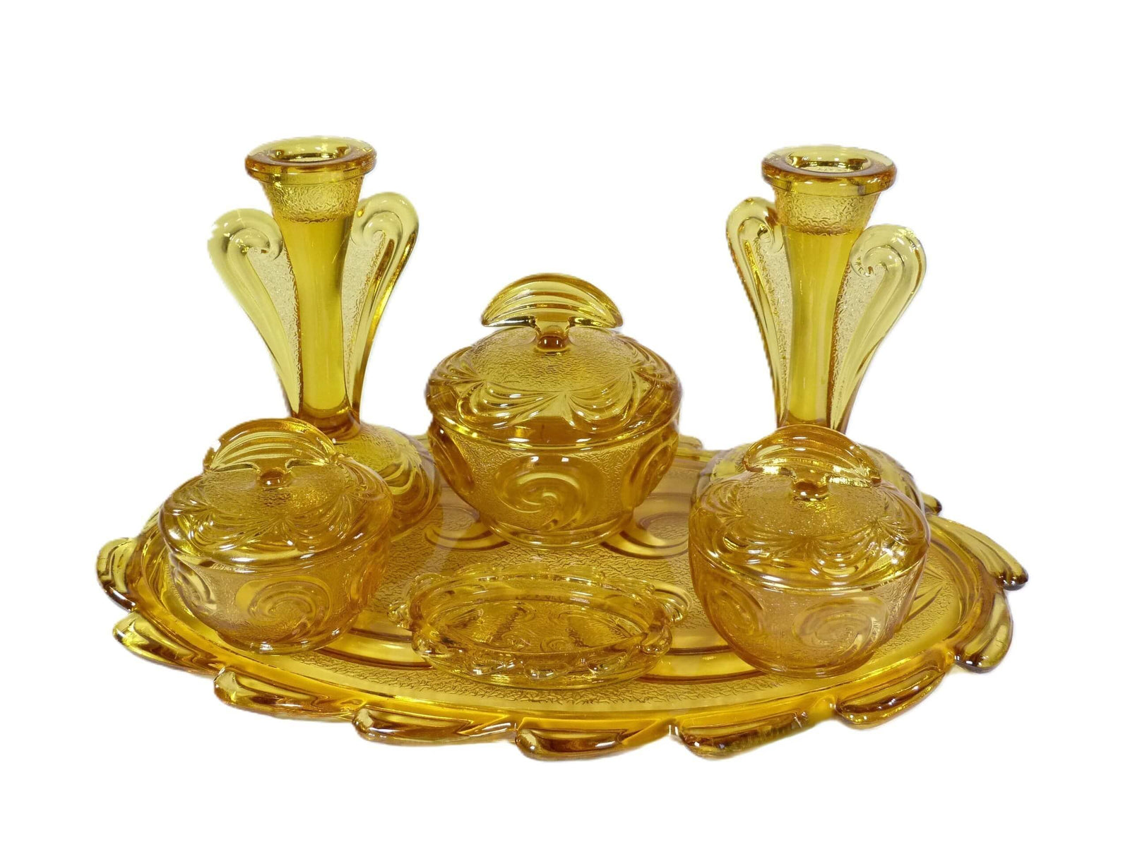 Art Deco Bagley Amber Glass  Dressing Table Set, "Rutland" Vanity Set