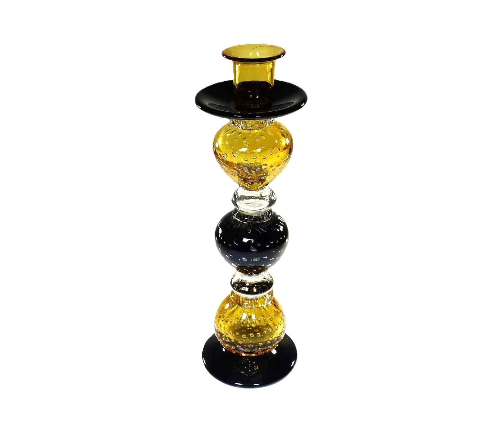 Amazing Amber and Black Art Glass Candlestick, Vintage Glass