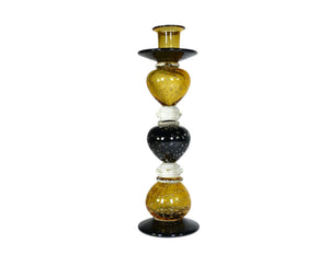 Amazing Amber and Black Art Glass Candlestick, Vintage Glass