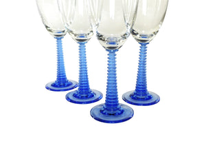 Beautiful Blue Ribbed Stemmed Wine Glasses, Set of Four