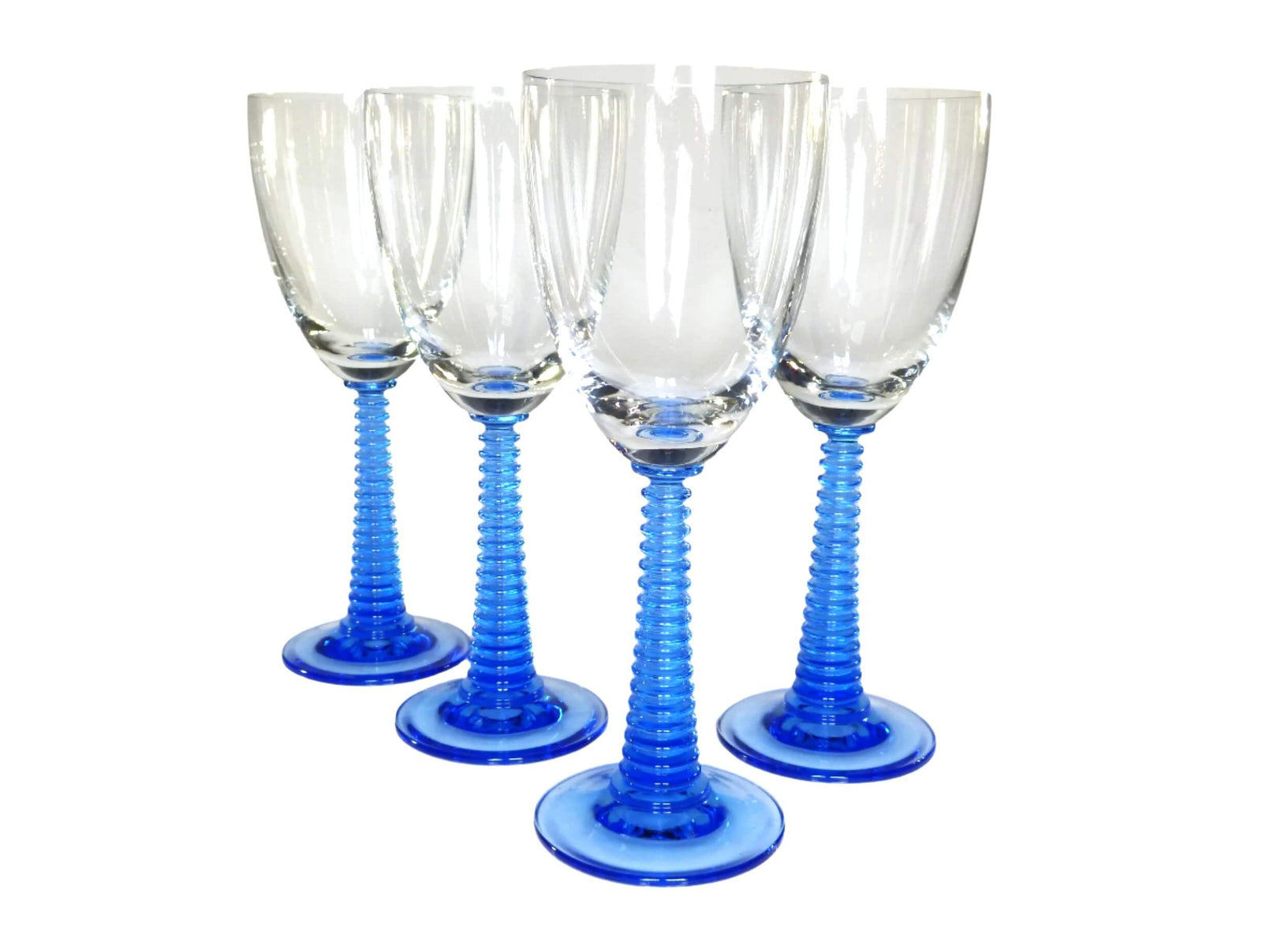 Beautiful Blue Ribbed Stemmed Wine Glasses, Set of Four