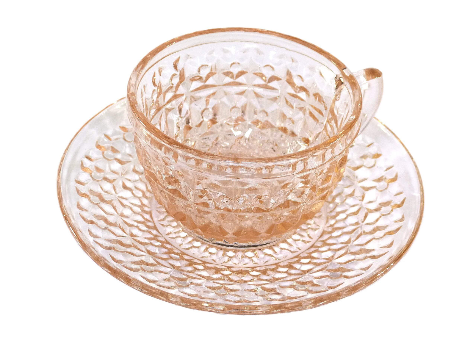 Pink Vintage Glass Cup and Saucer, 'Button and Bows' 1947 -1950