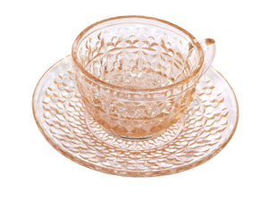Pink Vintage Glass Cup and Saucer, 'Button and Bows' 1947 -1950