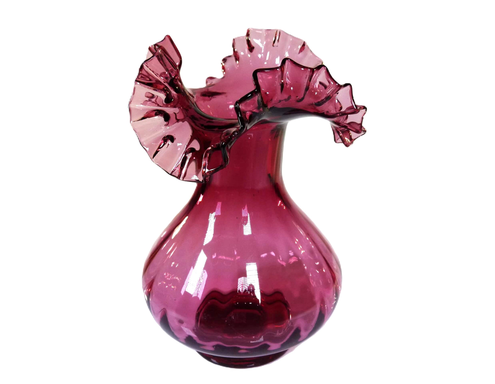 Vintage Cranberry Glass Vase, Frilled Neck, Superb Colour