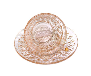 Pink Vintage Glass Cup and Saucer, 'Button and Bows' 1947 -1950