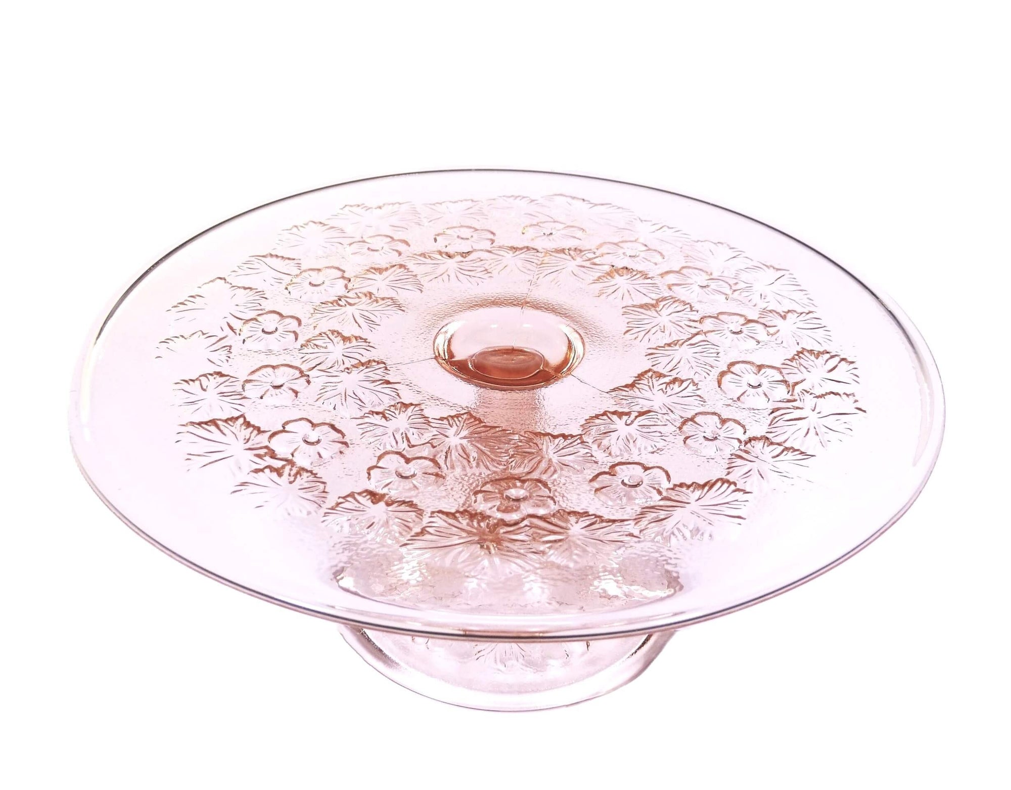Pretty Pink Glass Pedestal Cake Plate, Gorgeous Floral Design