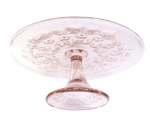 Pretty Pink Glass Pedestal Cake Plate, Gorgeous Floral Design