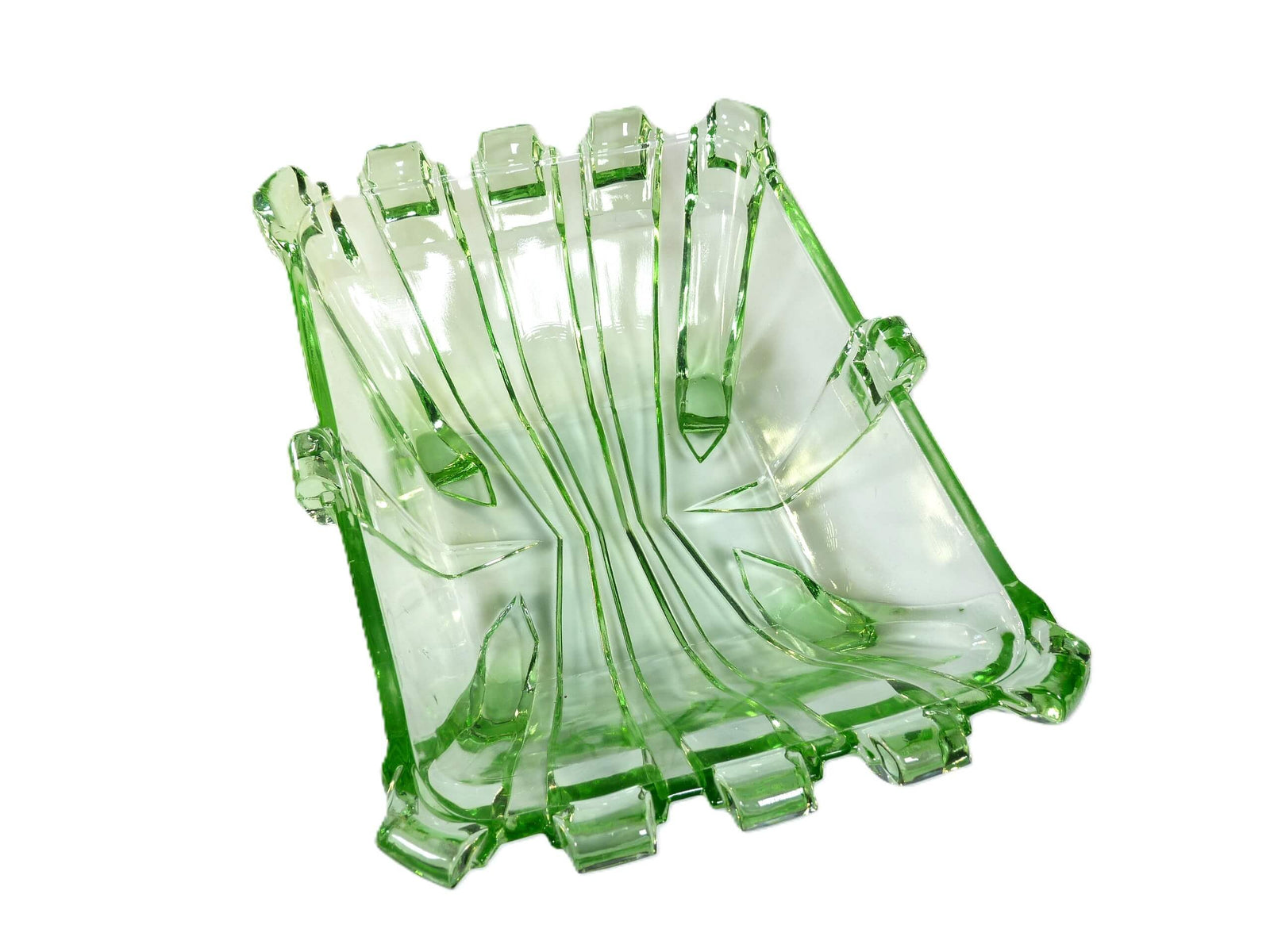 Art Deco Green Glass Bowl, Superb Rectangular Dish, Very Elegant