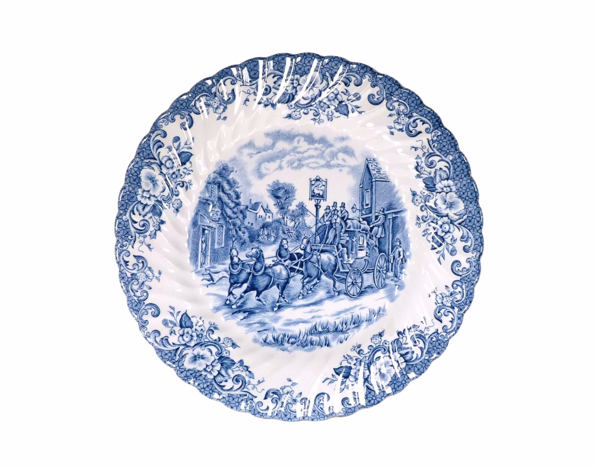 Coaching Scenes Vintage Johnson Brothers Dinner Plate, Blue and White