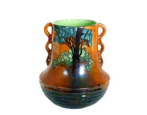 "Rabbits at Dusk" Carlton Ware Twin-Handled Vase, Orange Lustre, 1930's