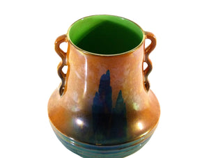 "Rabbits at Dusk" Carlton Ware Twin-Handled Vase, Orange Lustre, 1930's